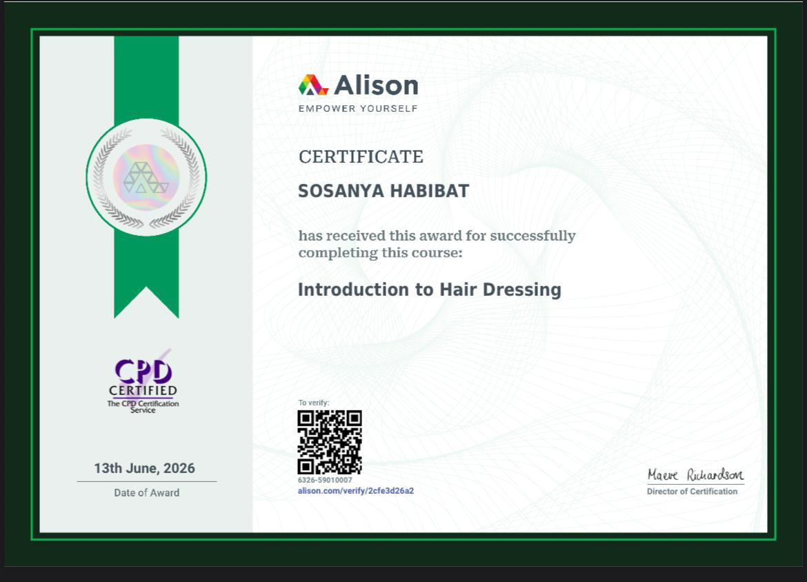 Alison certificate: Introduction to Hair Dressing, awarded to Sosanya Habibat, CPD certified