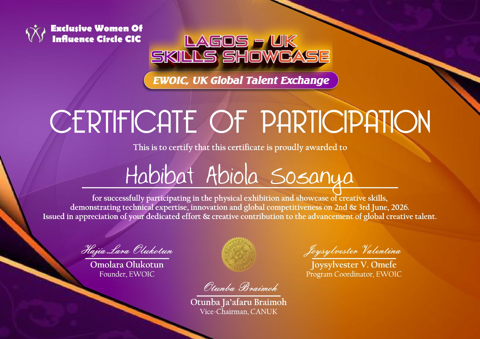 EWOIC UK Global Talent Exchange certificate of participation for the Lagos–UK Skills Showcase, awarded to Habibat Abiola Sosanya, 2nd and 3rd June 2026